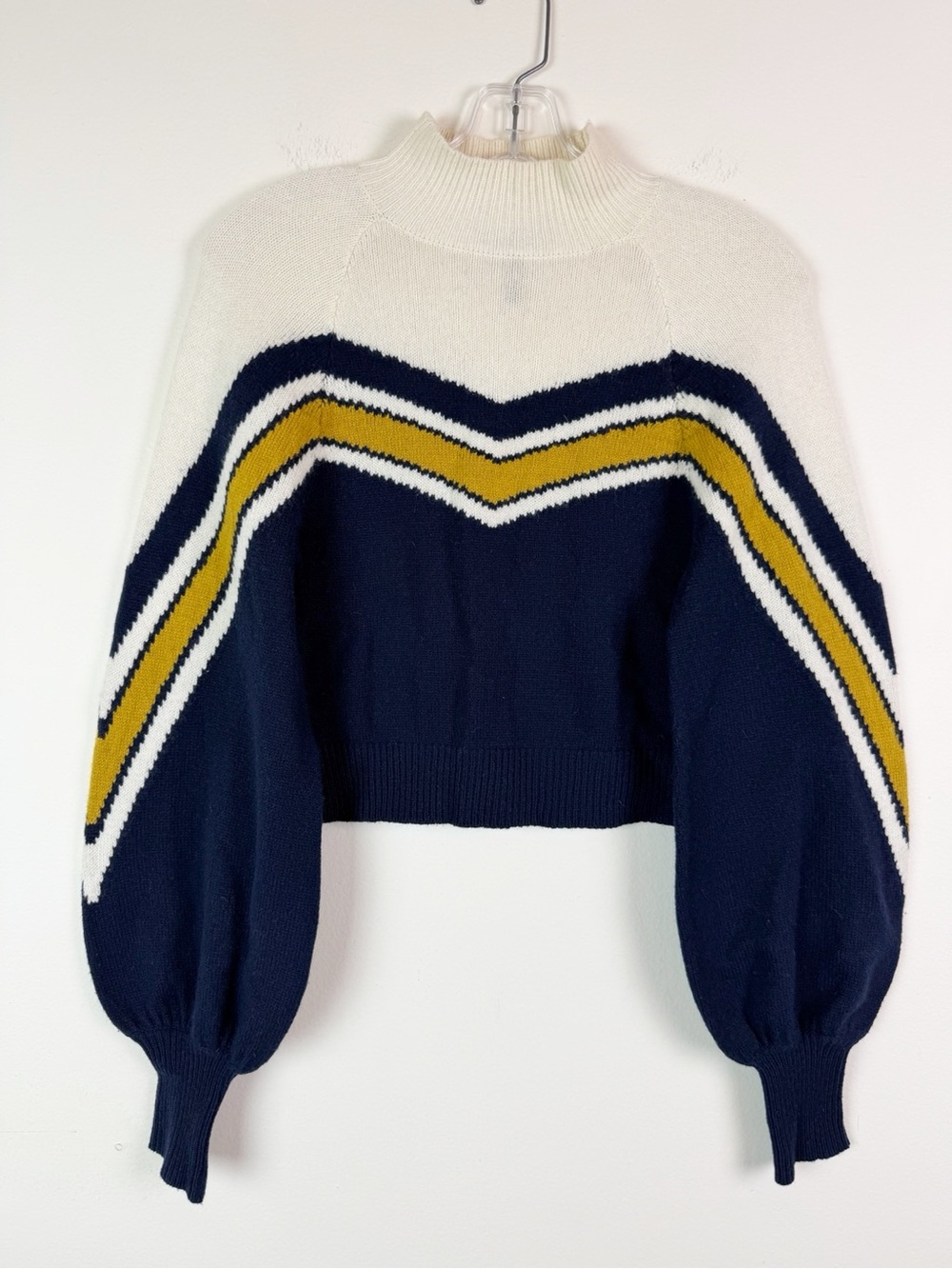 BCBGMaxazria Varsity Mockneck Wool Blend Cropped Sweater in Navy & Gold Size S